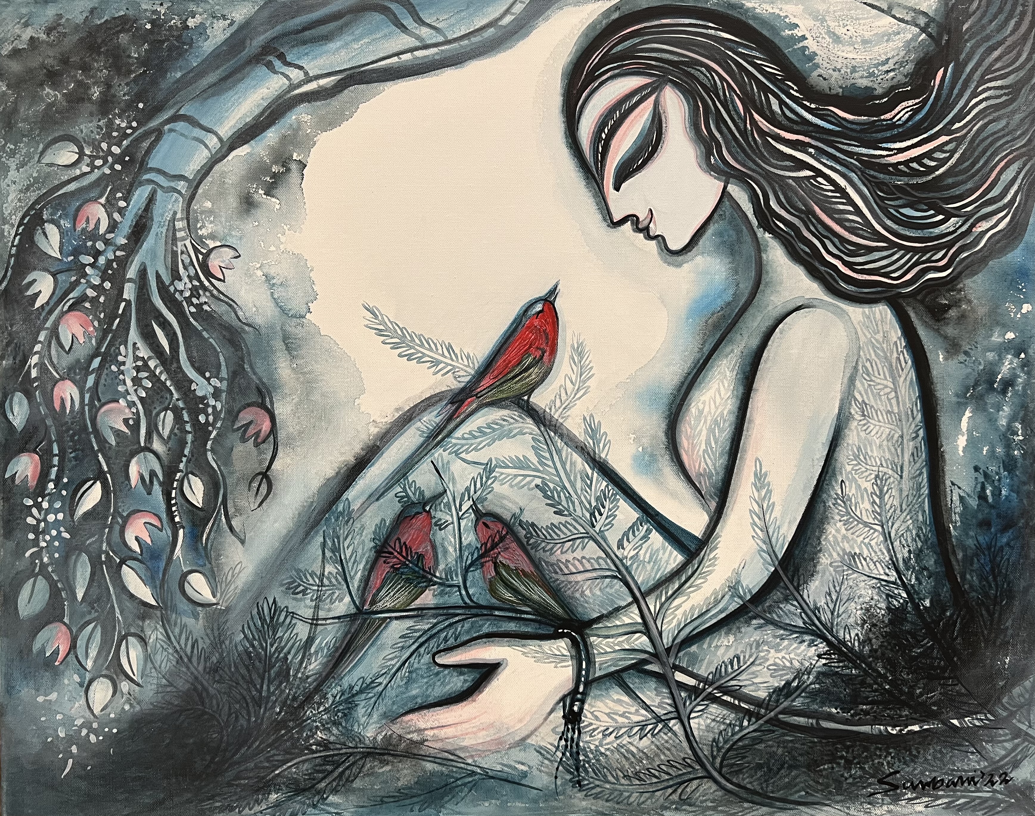 birds, woman, In the world of crimson sun bird, Acrylic on canvas, painting, Sarbani Bhattacharya